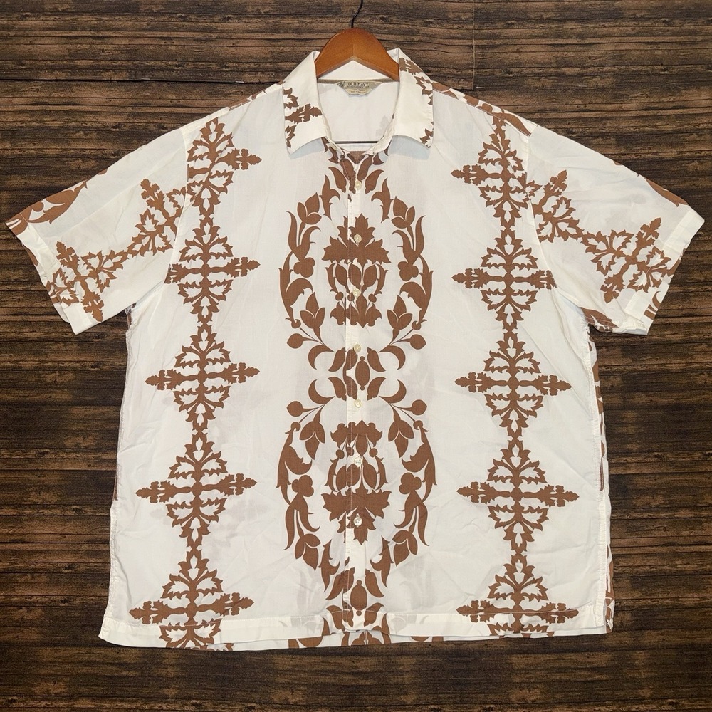 Y2K Old Navy Hawaiian Shirt Mens XL White Brown Floral Button Up Camp 90's
